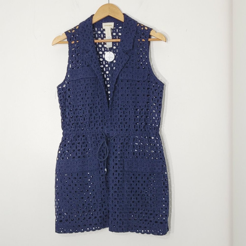 Chico's Women's Navy Blue Cotton Blend Eyelet Sleeveless Collared Vests Coverup